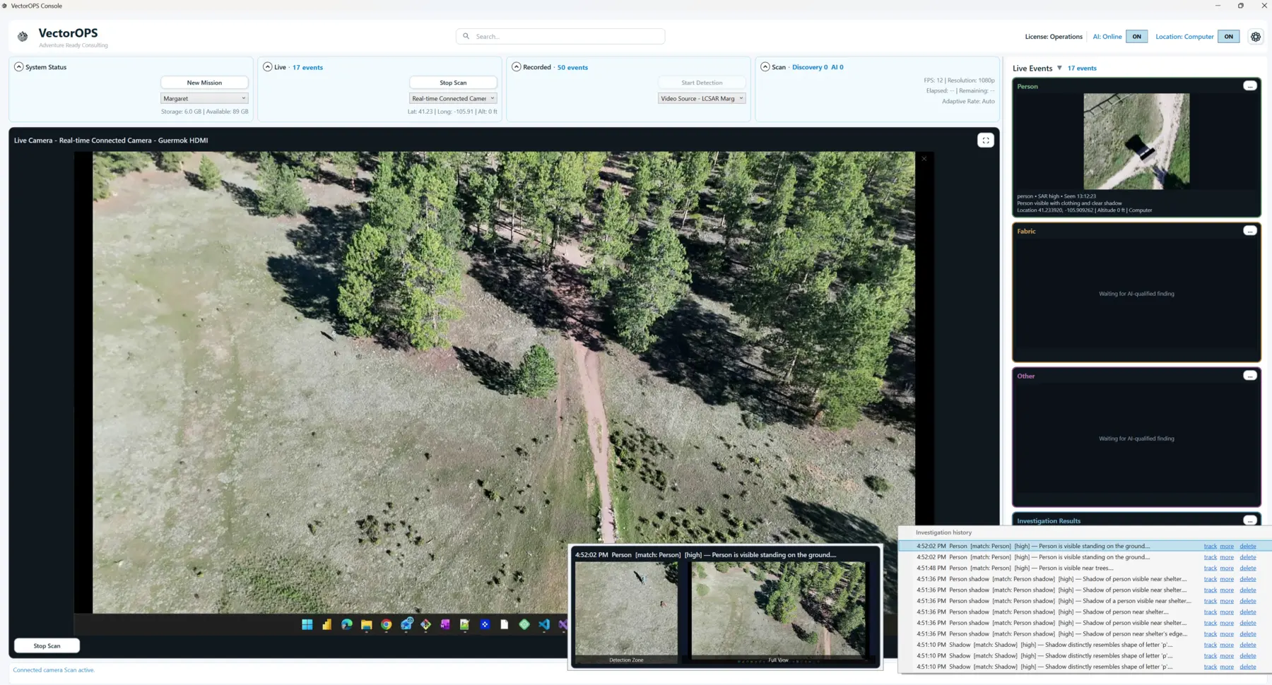 VectorOPS live scan with event history beside the camera feed